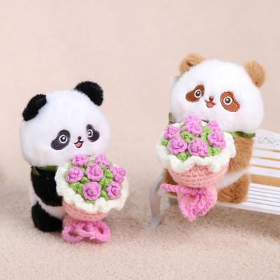 Panda Holding Flowers Keychain Cute Plush Stuffed Animal with Knitted Bouquet