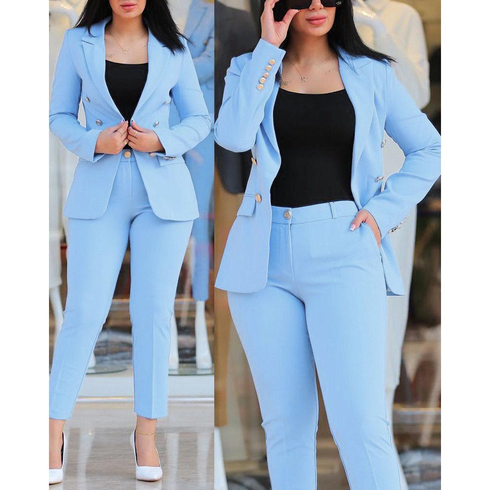 Elegant Office Lady Two Piece Sets Autumn Winter Women Fashion Notched Neck Long Sleeve Blazer & High Waist Work Pants Suit