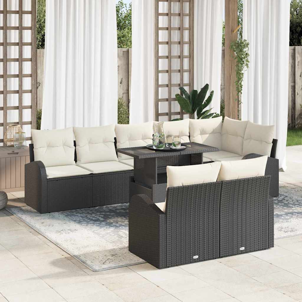 9 Piece Garden Sofa Set with Storage Black and Cream Poly Rattan