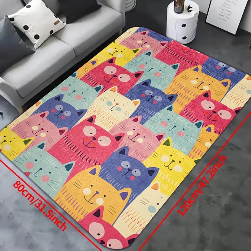 Cute Cartoon Cat Pattern, Hippie, Large Size Area Rug, Sofa Coffee Table Rug Home Soft Area Rug, Teens Bedroom Decor Floor Mat
