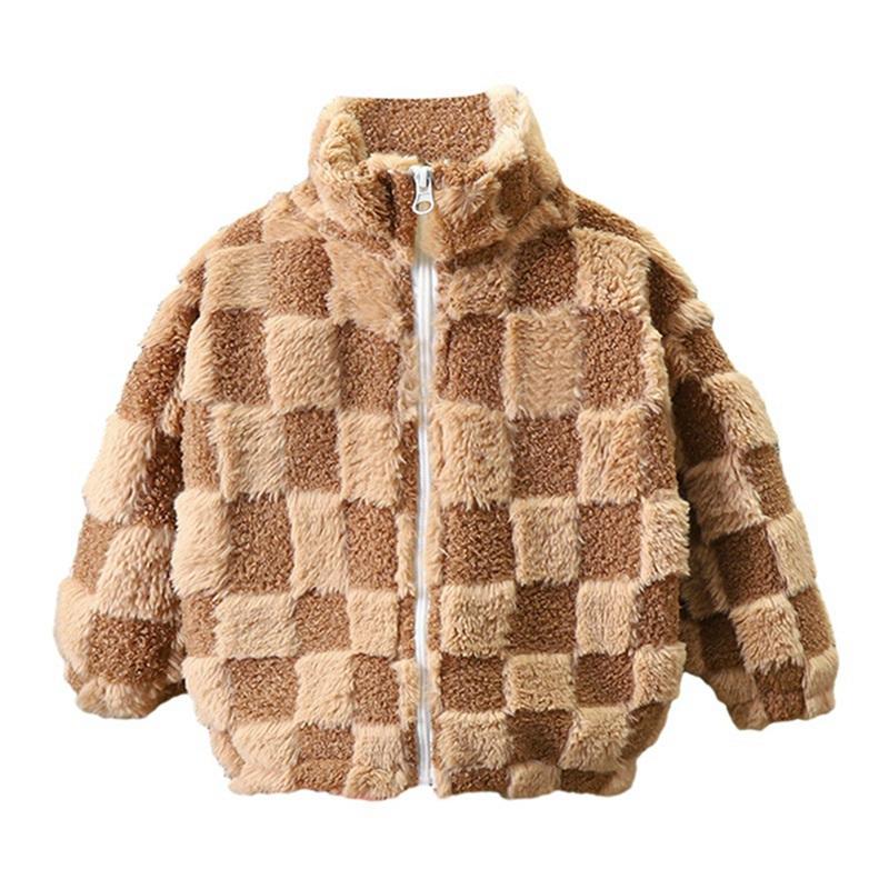 

2-14 Years Kids Grid Pattern Fleece Warm Zipper Soft Coat 90