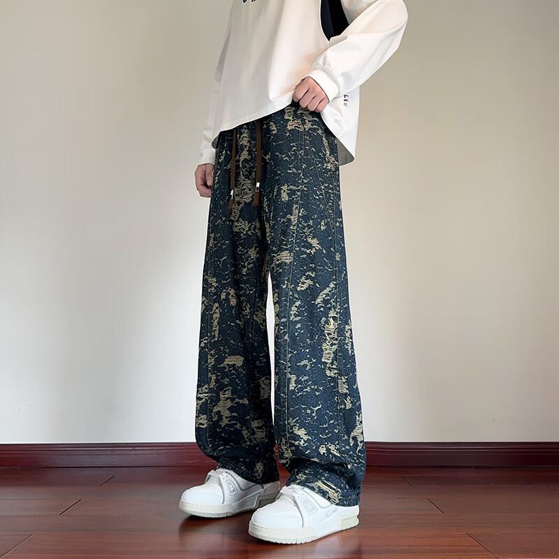 Wassup Sohot Men's American Jacquard Straight Loose Jeans