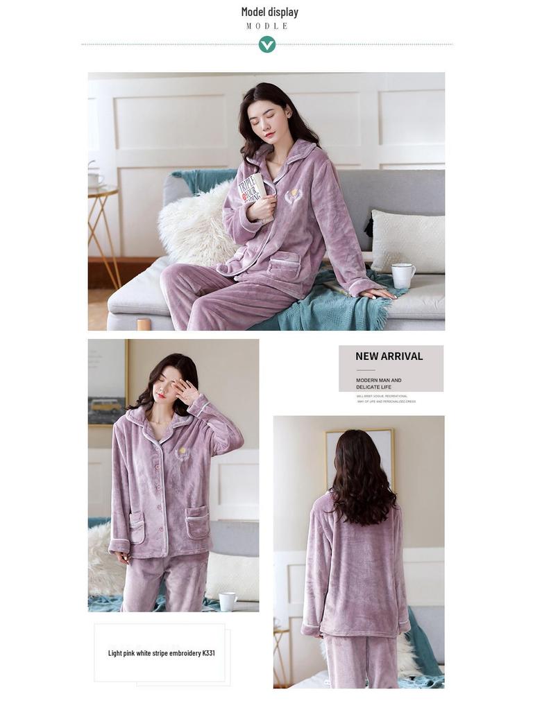 Women's Long Sleeve Coral Fleece Pajamas - Thick, Warm Flannel for Autumn and Winter