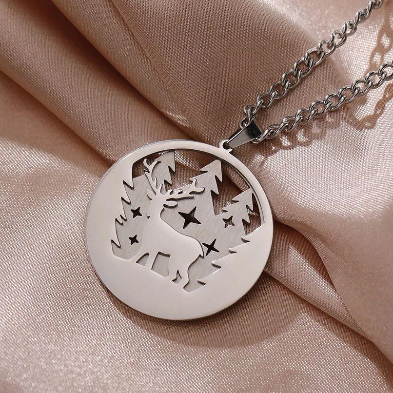 LIKGREAT Elk Wolf Bear Necklace for Women Men Teen Stainless Steel Forest Animal Snowflake Moon Pendant Jewelry Birthday Gifts