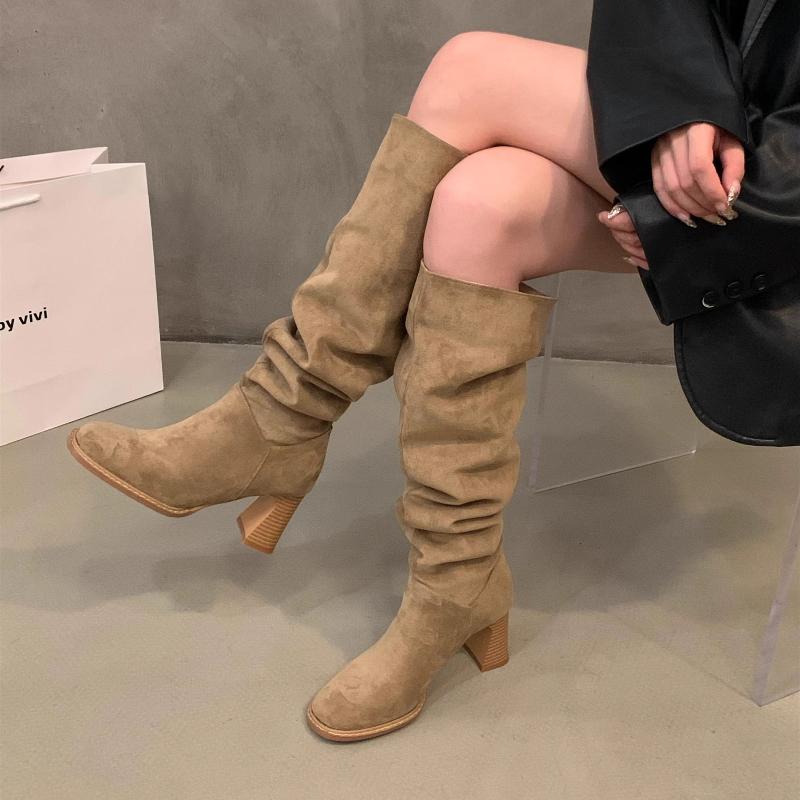 Fashion New Style Ladies Shoes Fashion Women's Boots Winter Keep Warm Pointed Toe Suede Solid High Tube Chunky Heels Boots