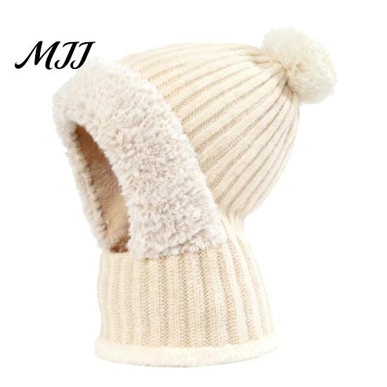 Elastic Warm Hat for Running Windproof Balaclava, Knitted Ski Mask Hat, Fleece Lined Knit with Winter Balaclava Men And Women Pompom, Cozy Neck Warmer