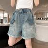 Faded Slightly Stretchy Loose-Fitting, Fashionable Girls' Denim Shorts with Faux Flap Pockets