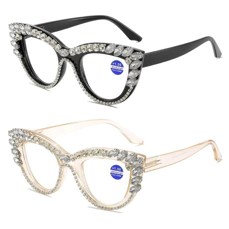 New Personality Fashion Cat Eye Colorful Big Diamond Reading Glasses Unisex Luxury Eye Protection Presbyopia Eyeglasse To +4.0