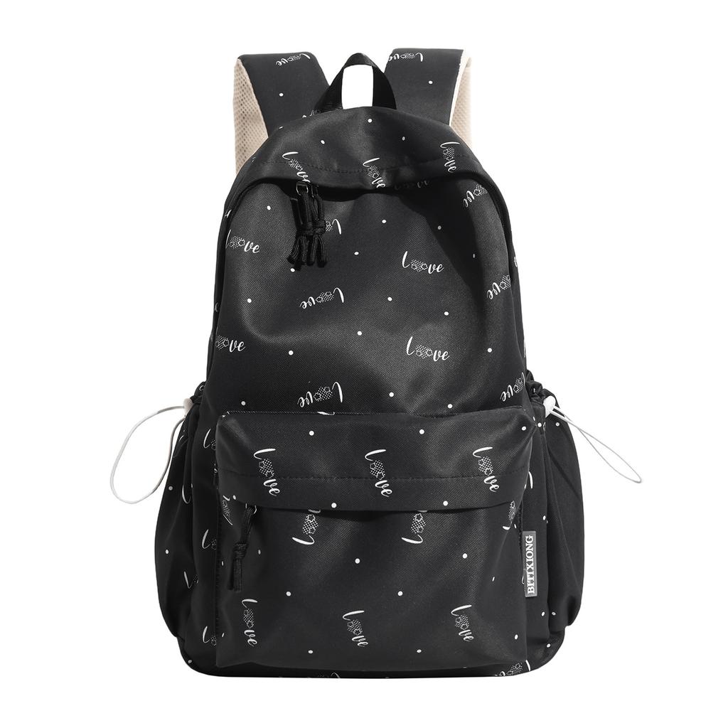 Cream Allover Love Print School Backpack with Front Pocket Side Drawstrings Casual Daypack for Girls