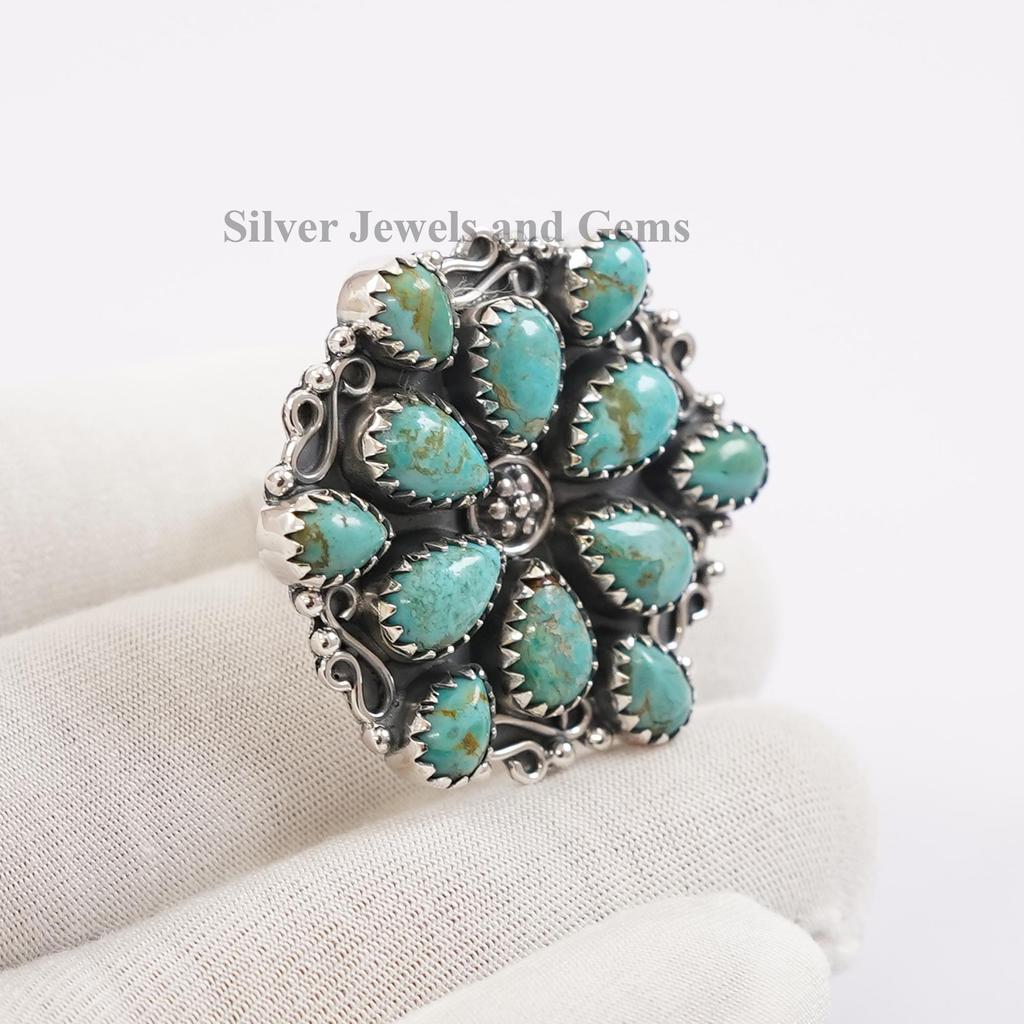 Genuine Turquoise Ring, Multi Stone Cluster Ring, Gift for Mom, 925 Sterling Silver Ring, Arizona Turquoise Boho Ring, Handmade Ring