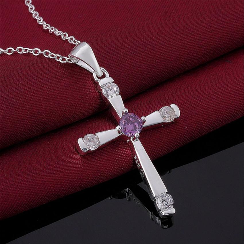 Fashion Jewelry Silver Plated S925 Silver Fashion Cross Purple Crystal Zircon Necklace