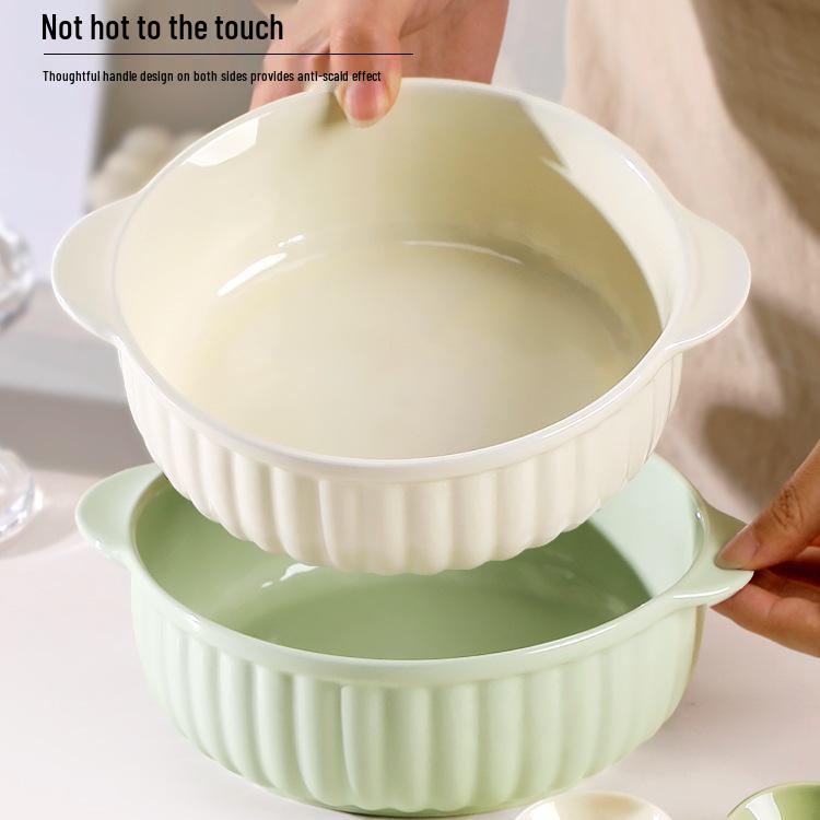 Dual-Ear Ceramic Multipurpose Bowl: Ideal for Salads, Steamed Eggs, Baking, Microwaving, and Serving Soup.