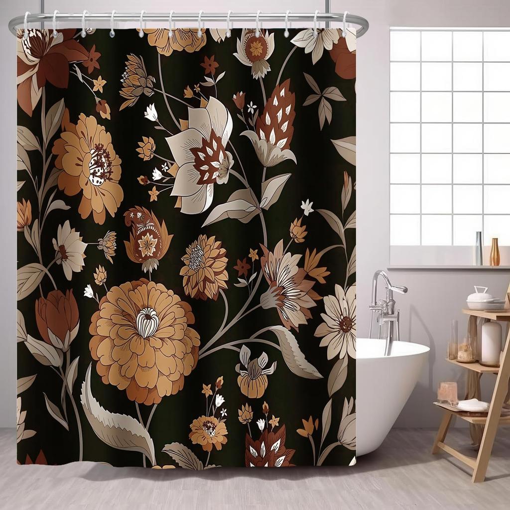 Boho Flower Shower Curtain Mandala Floral Vintage Flower,Pink Blue Bright Petal Leaves Farmhouse Fabric Shower Curtains Bathroom