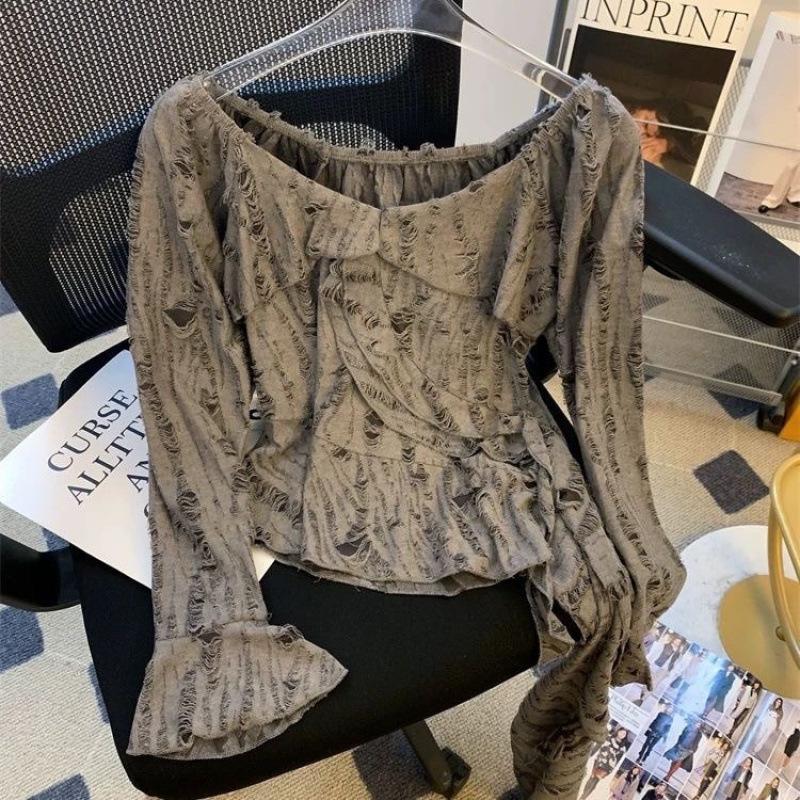 Women's Retro Waist Slimming Top Lace Drawstring Loose Long Sleeve Hole Breaking Large Size Tops