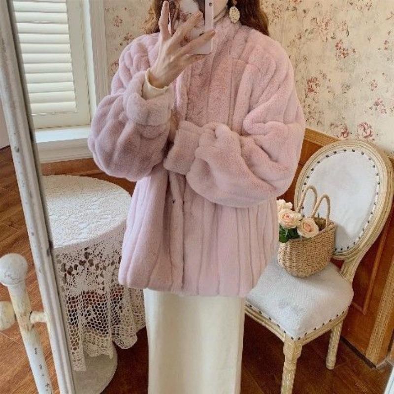 

Осень и зима искусственный мех кролика искусственный мех женская средняя и длинная плюшевая одежда свободное пальто из овечьей шерсти воротник-стойка шерстяное пальто S розовый