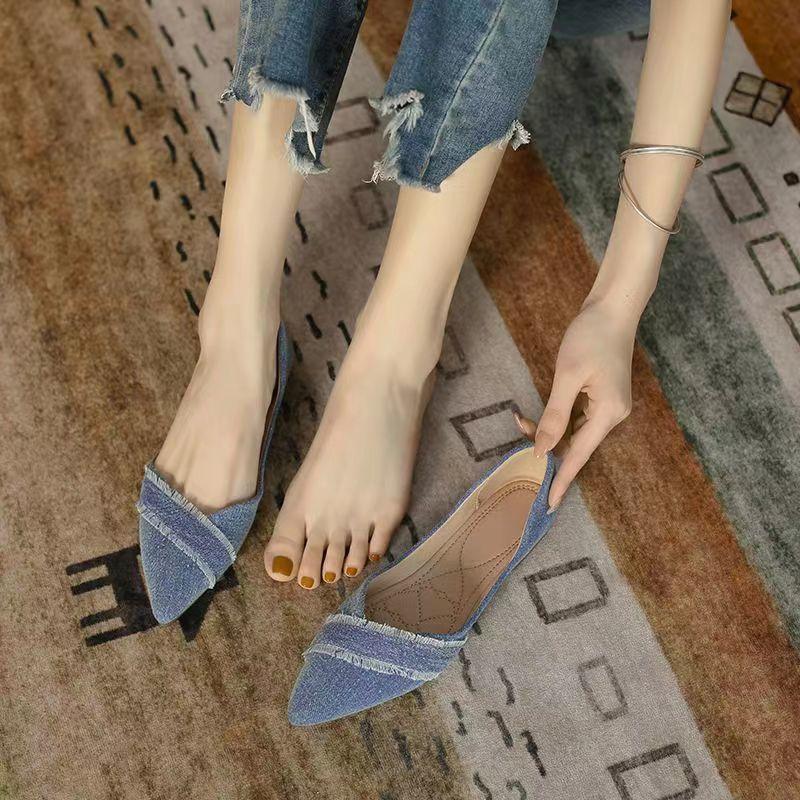 Fashion Denim Tassel Slip-on Pointed Toe Women's Flat Shoes Summer Chic and Elegant Casual Y2k Social 2025 Ladies Footwear On Promotion