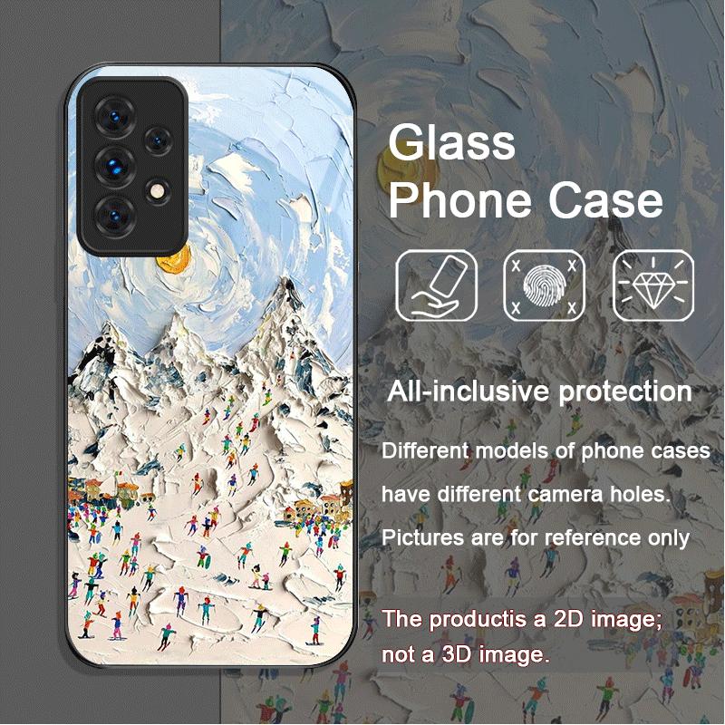 Oil Painting Art Snow Scenery Skiing Tempered Glass Phone Case for Samsung Galaxy A56 A72 A55 A54 A53 A52 A36 A15 A14 A13 Covers