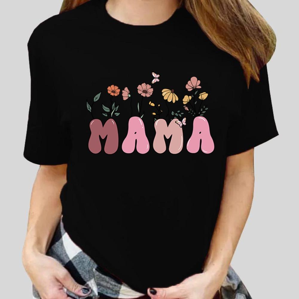 Hot Mother's Day Flower Mama Letter Printed Women Summer Short Sleeve Tee Shirts Round Neck Casual Summer Mother's Day Gift Tops