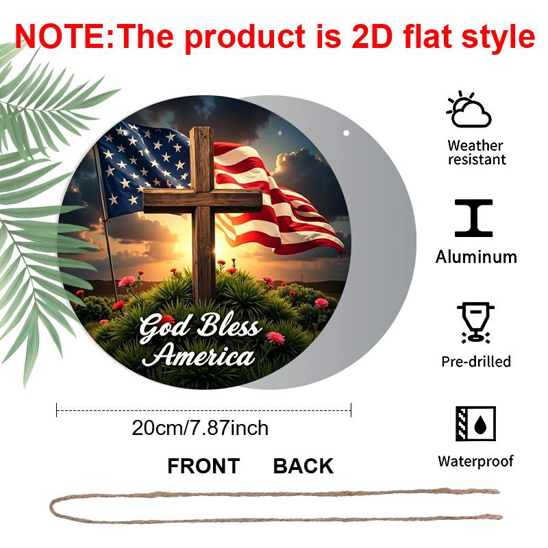 2D Flat, 1pc Round Aluminum "God Bless America" Sign, Sunset Cross & US Flag Metal Plaque, Waterproof & Rustproof, Perfect for Memorial Day, 4th of