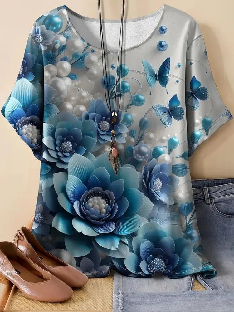 Summer women's printed pattern T-shirt casual short sleeved top fashionable women's round neck T-shirt