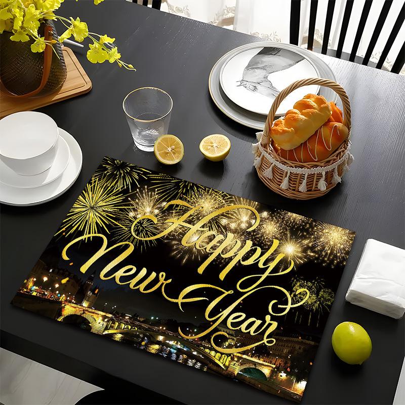 Frohes Neues Jahr Tischsets Baum Muster Tischsets Hitzebeständige Leinen Tischsets für Esszimmer- und Küchendekoration für Feiertagsmahlzeiten, Zusammenkünfte, Partytisch