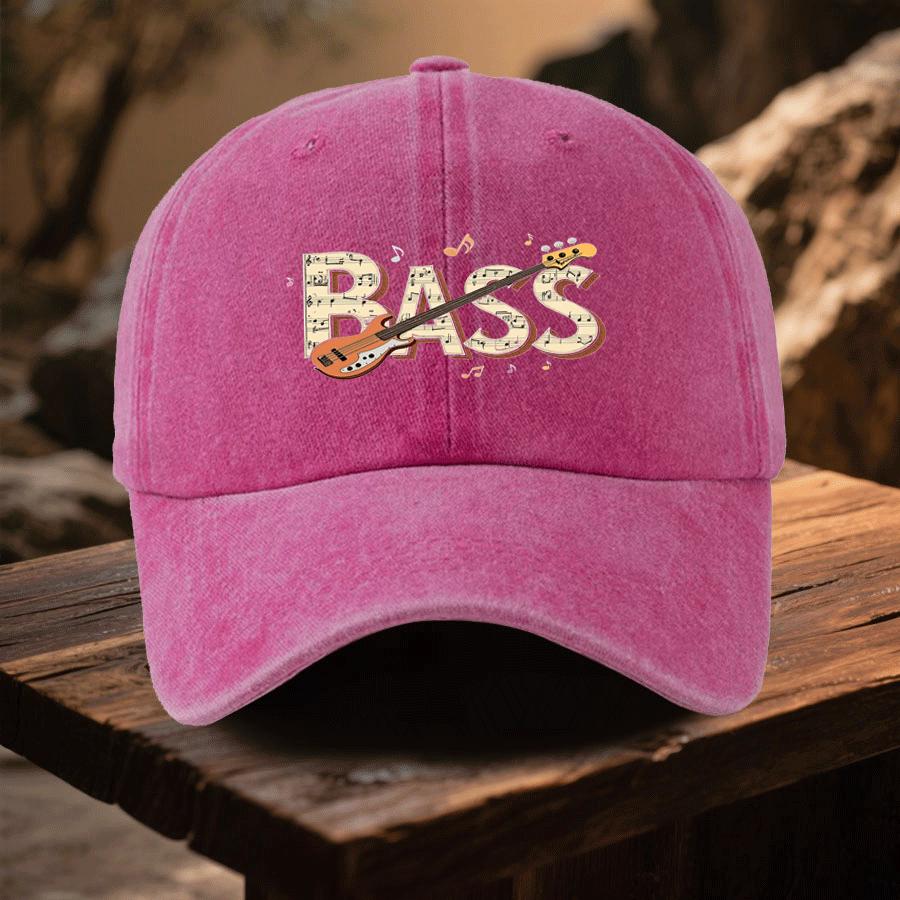 A Cap Featuring The Letters BASS with a Design That Incorporates Musical Notes Bass Guitars And Music Symbols This Stylish