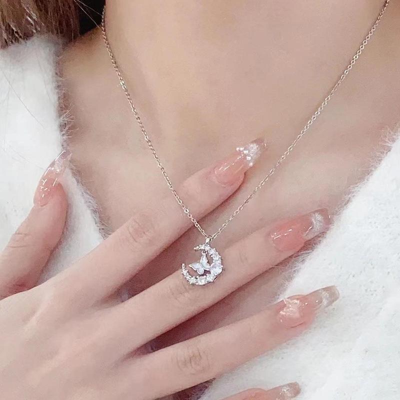 Fashion Sparkling Crystal Necklace Female Exquisite Moon Butterfly Chain Necklace For Women Choker Collar Wedding Party Jewelry Gift