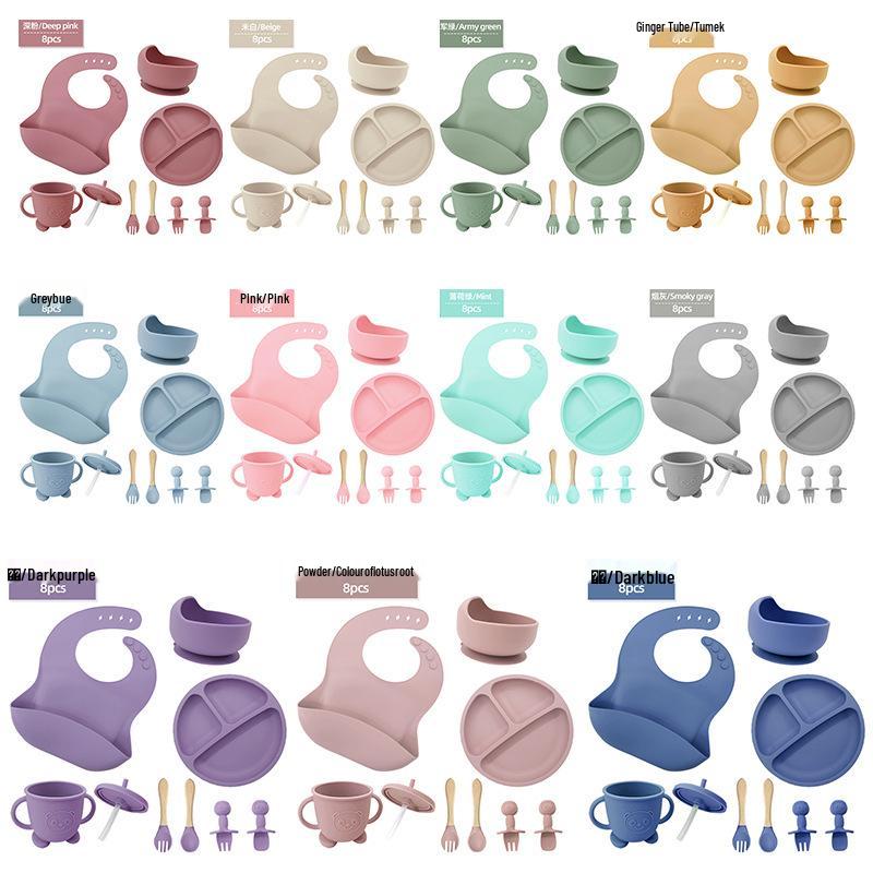 Children's Silicone Tableware Set: 8-Piece Suction Cup, Anti-Fall for Baby & Mom