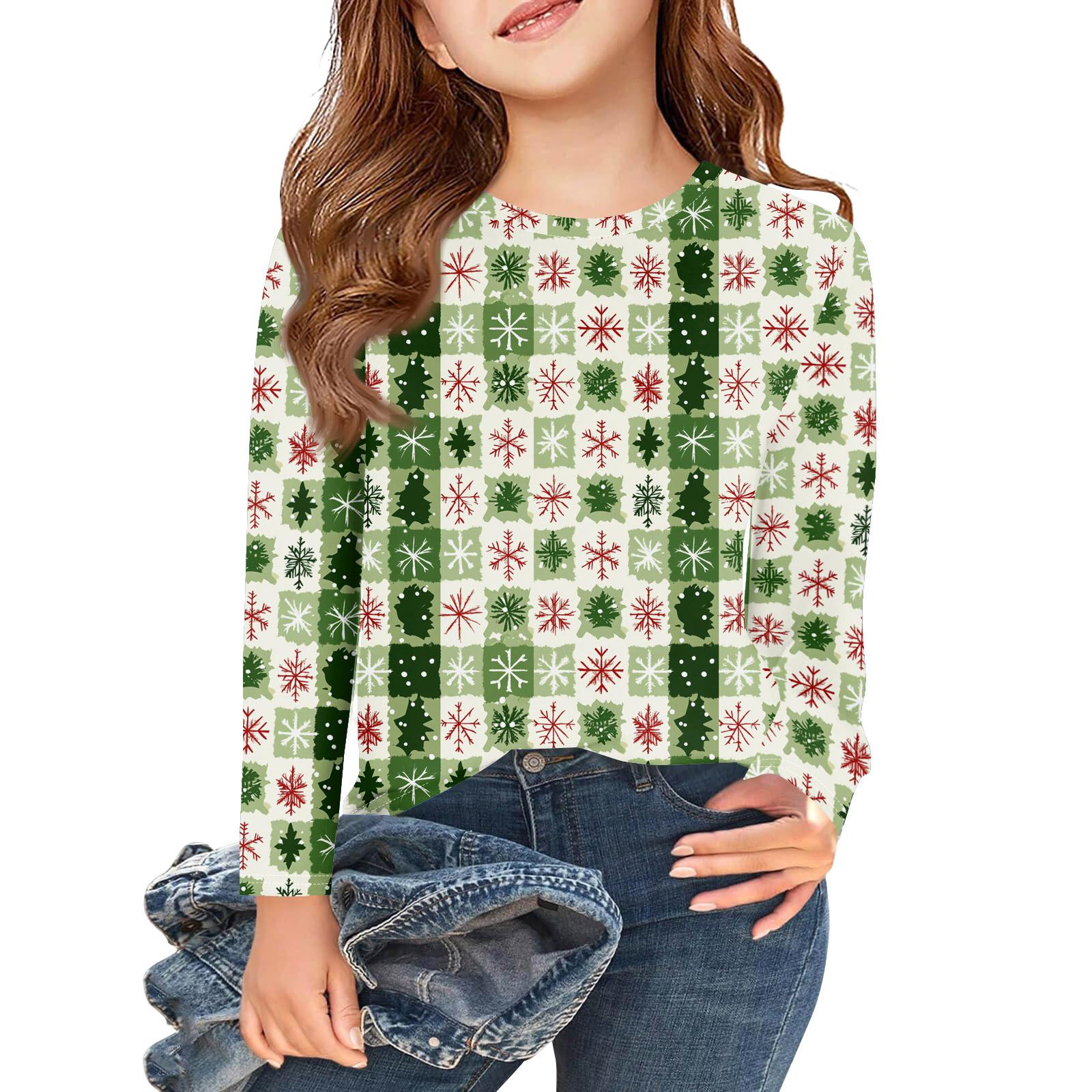 

Рождественские футболки с длинным рукавом для девочек, детские осенние топы с круглым вырезом и принтом, базовые футболки 160