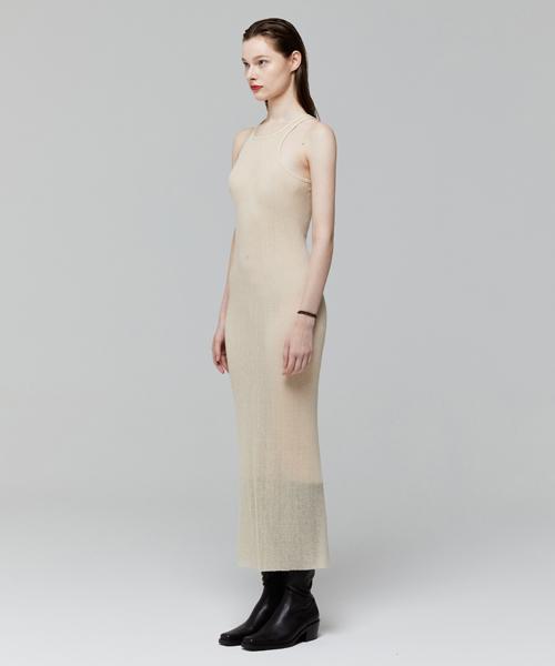Lady Volume Cutting Halter Slim Knit Dress_Beige