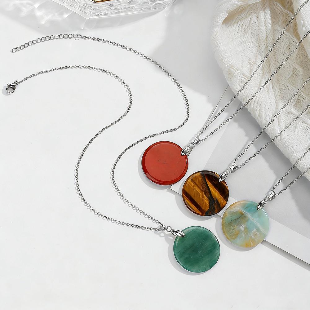 Round Slice Stone Pendent Necklace Natural Tiger Eye Lapis Lazuli Stone Chain Necklace Exquisite Jewelry Gift For Women