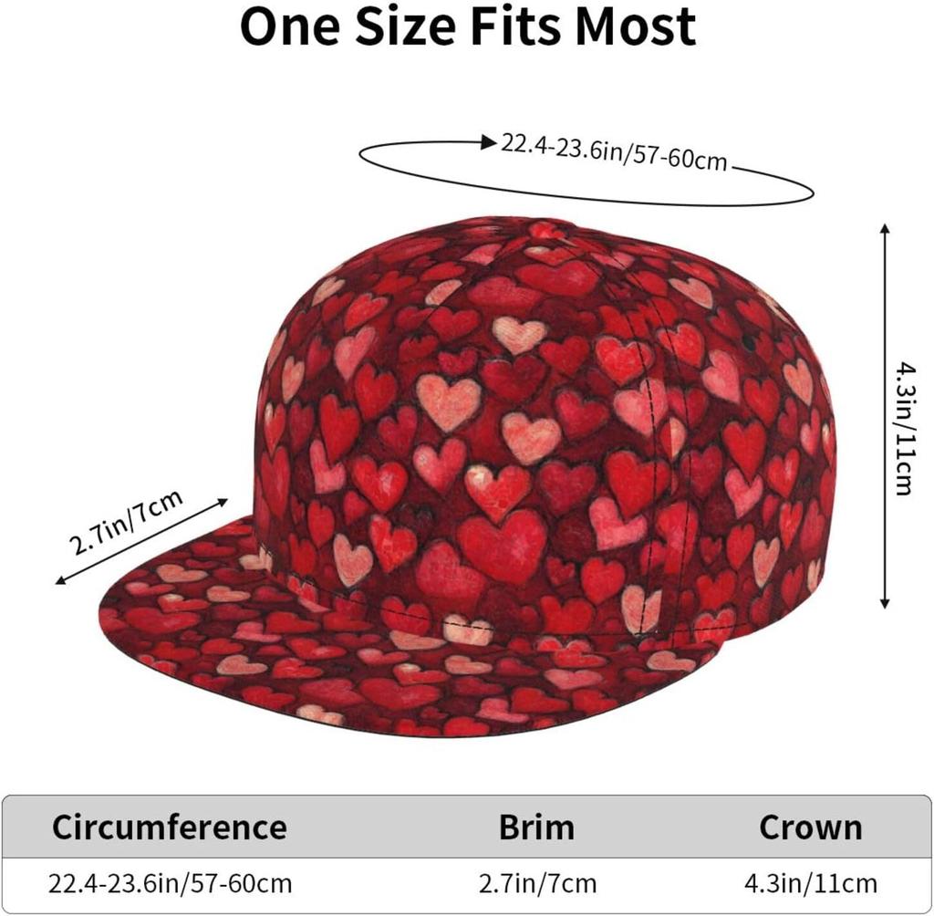 Trucker Hats for Men Women Adjustable Comfy Cartoon Love Heart Red Print Flat Bill Baseball Cap Golf Hat Dad Hat Snapback