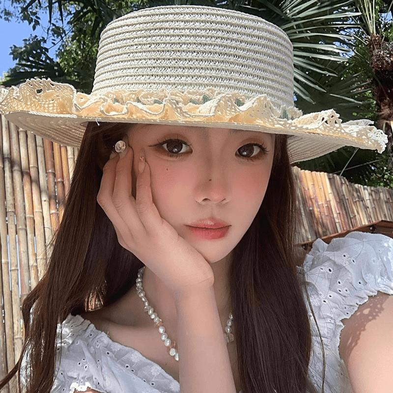 French Lolita Lace Flower Sun Hat With Wide Brim For Summer Beach Outdoor Wear