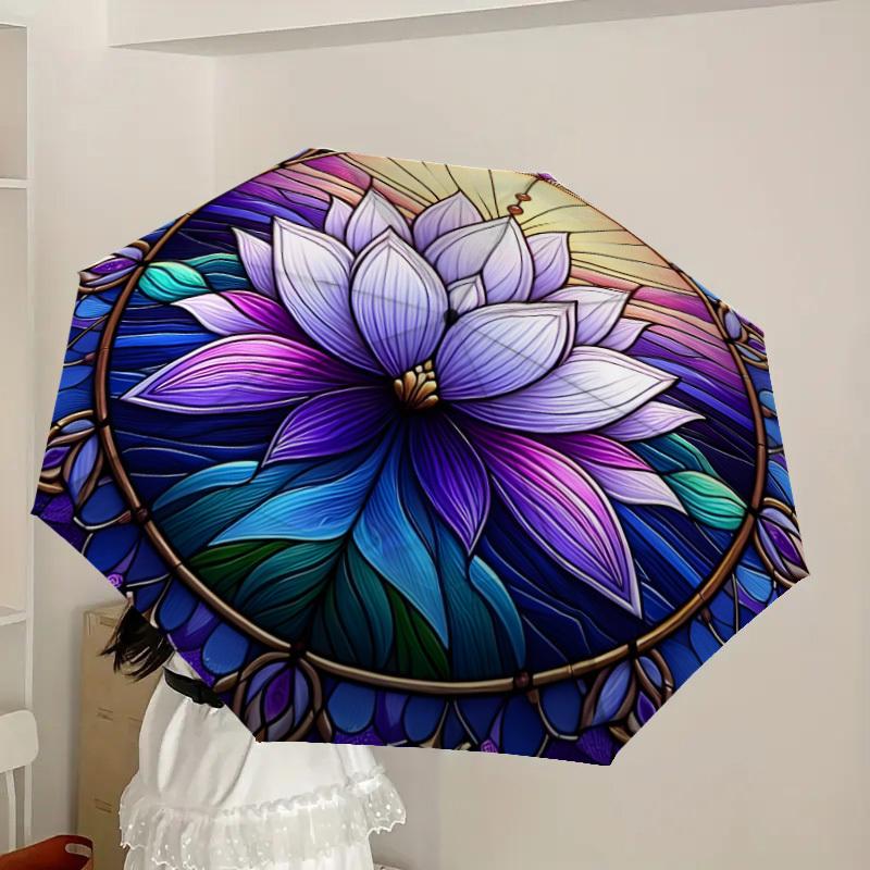 1pc Stained Glass Lotus Mandala Umbrella with Plastic Handle,Suitable for All Seasons Home Travel Outdoor UmbrellaDD1114