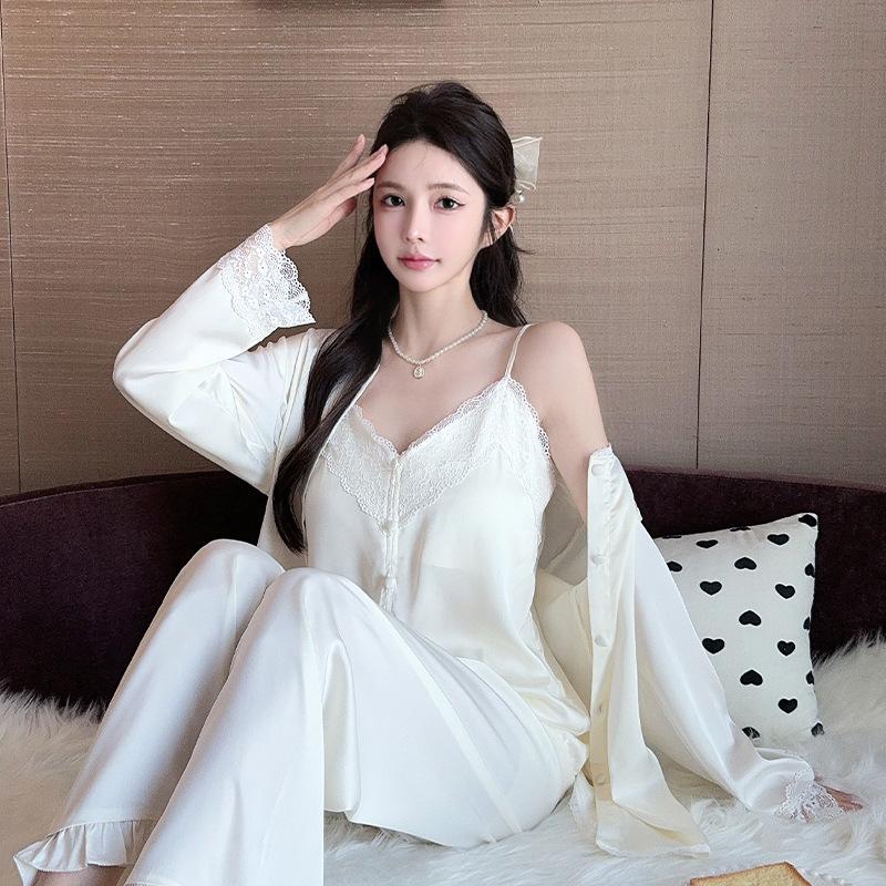 Women’s Spring Autumn Lace Ice Silk Pajama Set Sexy Camisole Top, Long Pants and Robe Three-Piece Loungewear