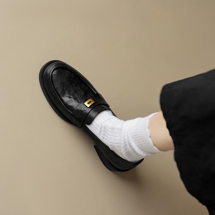 

Версия из коровьей кожи~ Натуральная кожа с круглым носком, лоферы на одной педали с золотой пряжкой, женские, британские, универсальные, ленивые, маленькие кожаные туфли, толстый каблук, туфли-лодочки 40