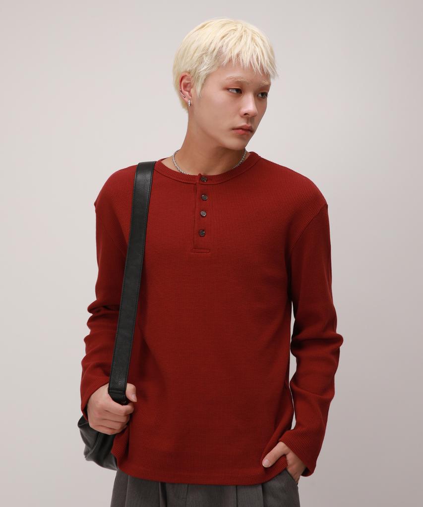 Dibellobeu Basic Henley Neck Waffle Long Sleeve_Burgundy