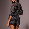 Women Long Sleeve Polka Dot Sheer Puff Sleeve Shirt and High Waist Shorts Set Lightweight Breathable Two Piece Outfit