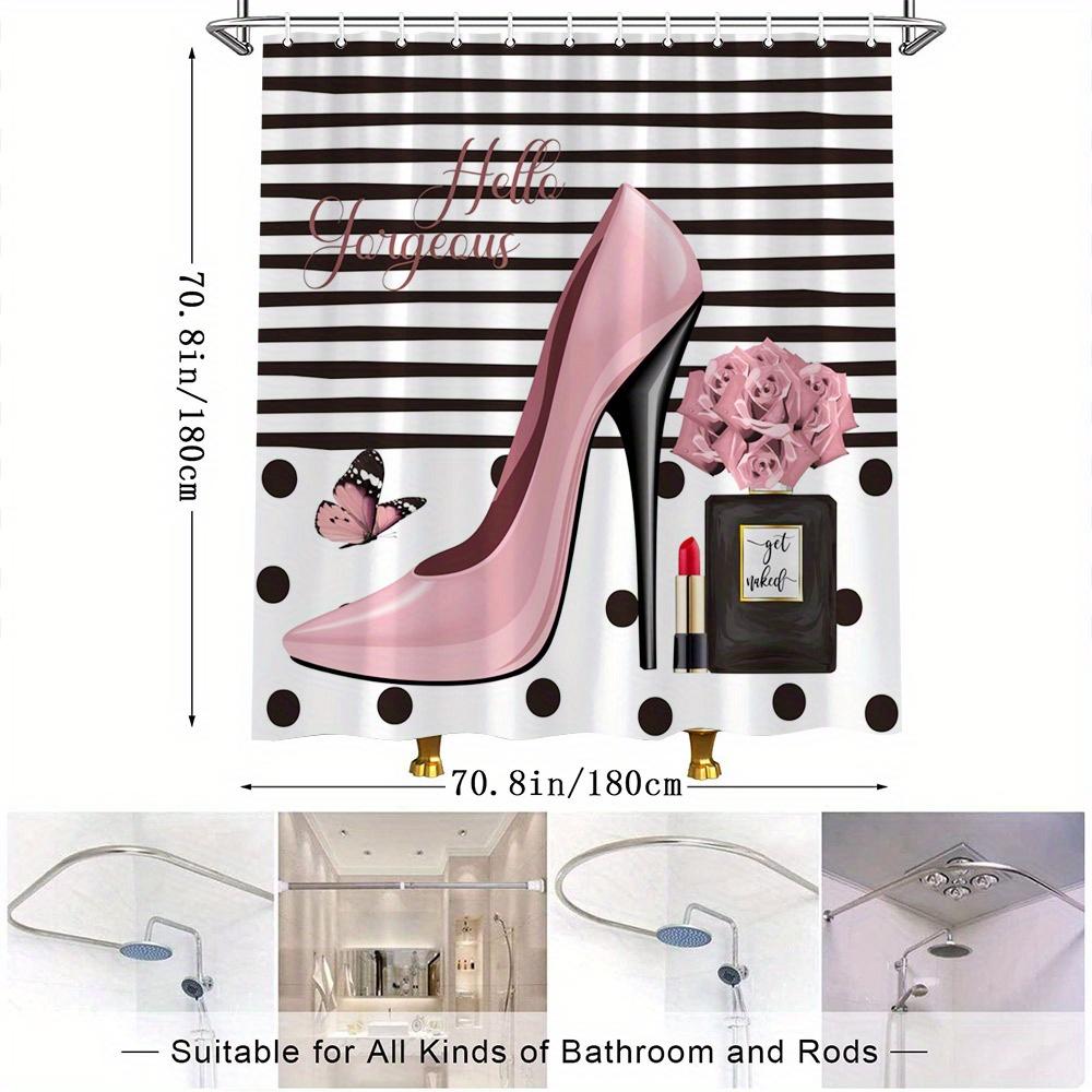 Hello Gorgeous Pink High Heel Shower Curtain Polka-Dots Perfume Bottle Design With 12 Hooks Ideal Bathroom Decor
