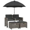 2 Seater Garden Sofa with Sun Umbrella and Footstools Grey Poly Rattan