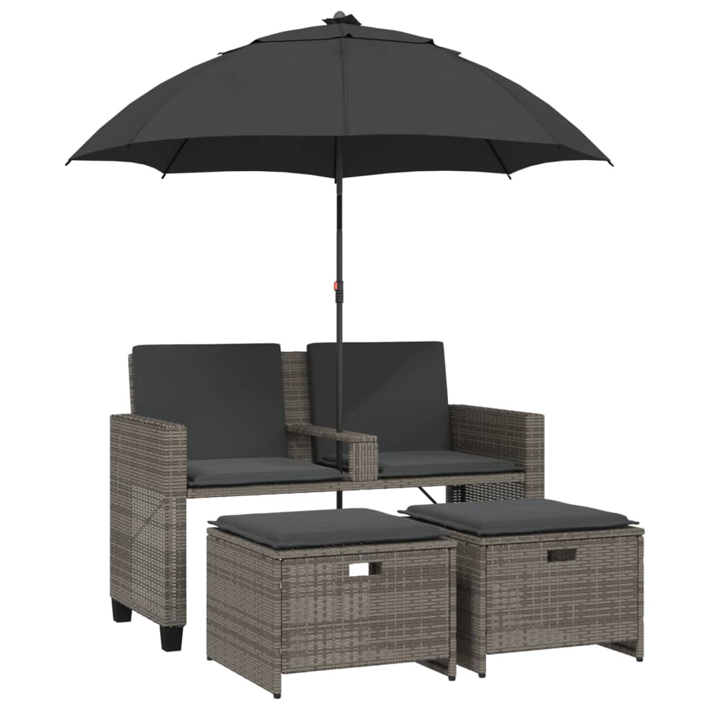 2 Seater Garden Sofa with Sun Umbrella and Footstools Grey Poly Rattan