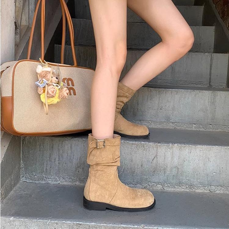 Versatile Retro Simple And Thin Low-Heeled Martin Boots Women'S Buckle Locomotive Knight Boots