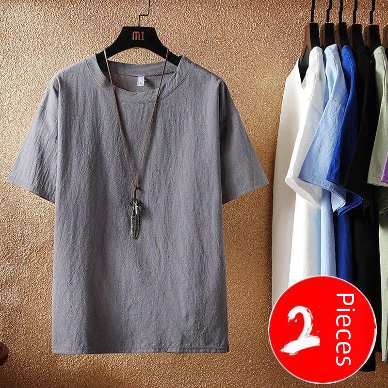 Men's Cotton-Linen Retro Loose Fit Short-Sleeve T-Shirt - Solid Color, Large Size, Round Neck