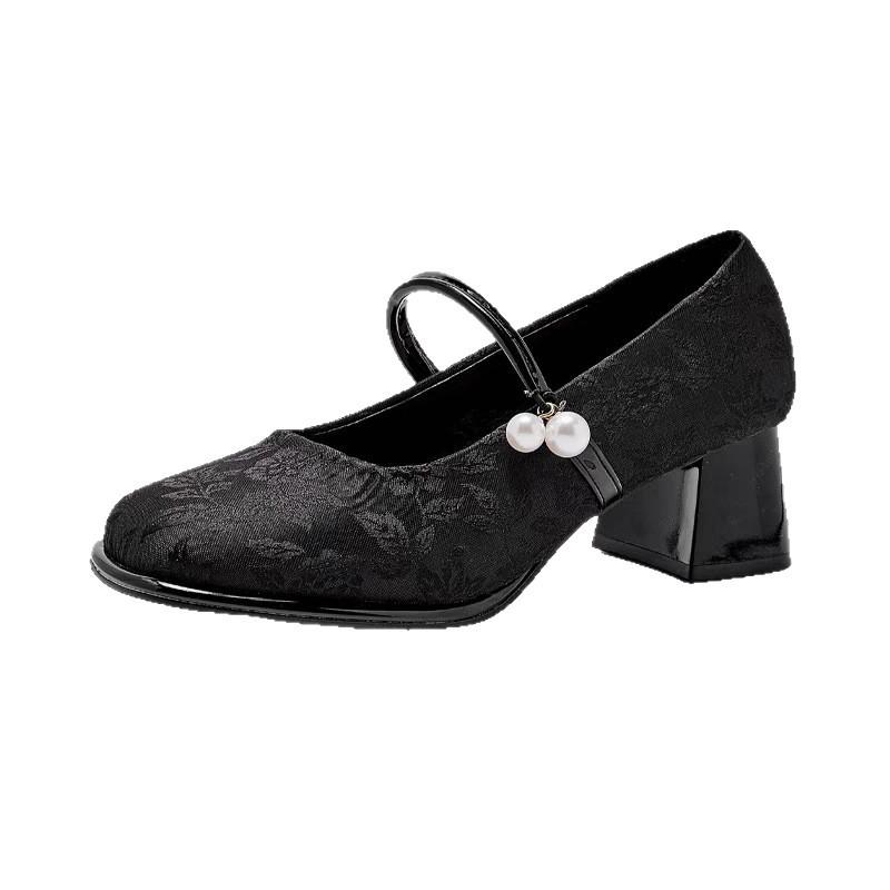 New Chinese Satin Mary Jane Women's Shoes 2025 New Spring and Summer Embroidery with Skirt Medium Heel French Light Mouth Single Shoes