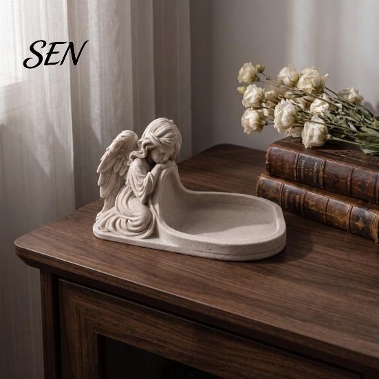 Detailed Carving Tray Ornament Angel Figurine Key Tray, Faux Stone Catchall Decorative Shape for Keys Desktop Storage Dish Entryway Table Home