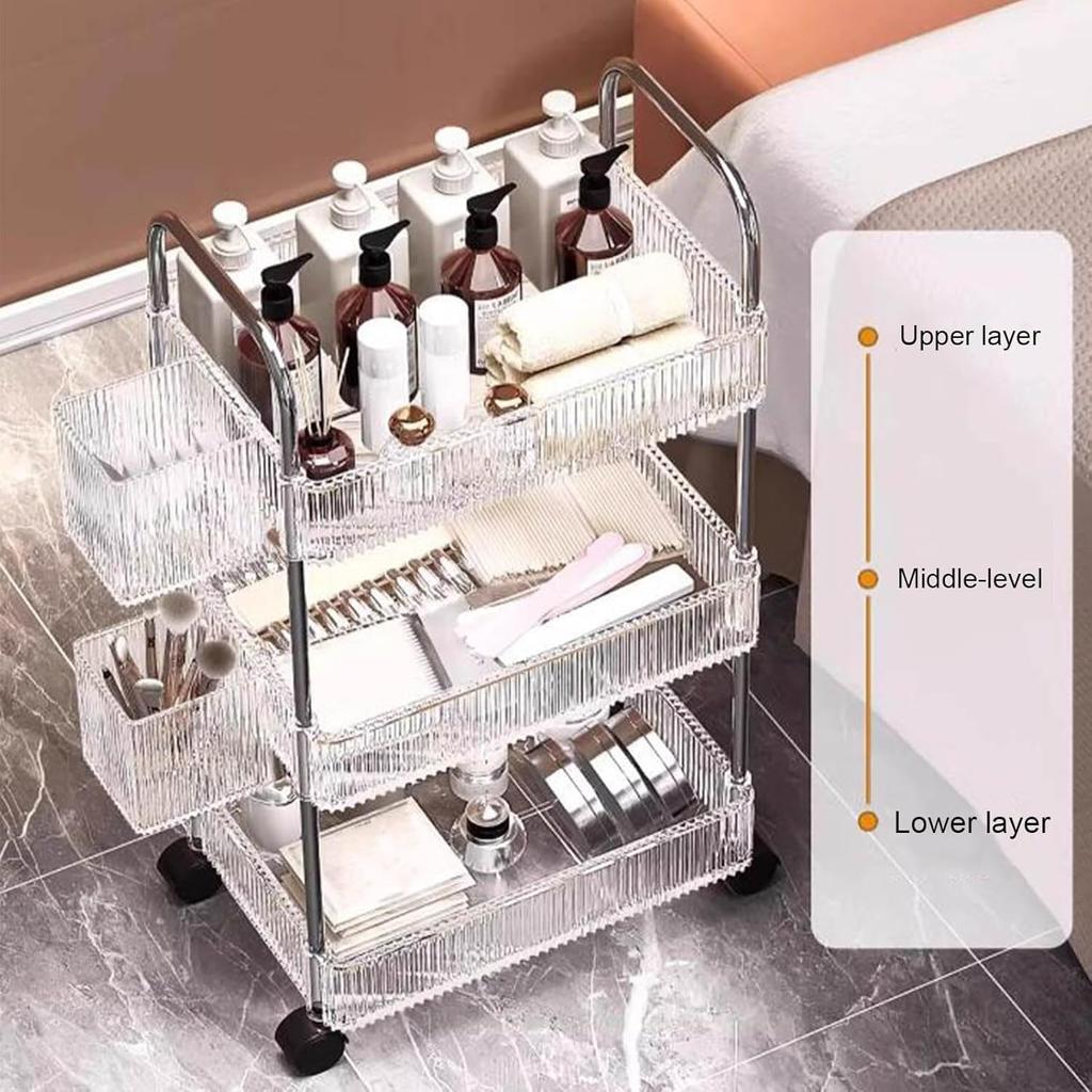 Acrylic Rolling Utility Cart, Clear Storage Carts with Wheels,Mobile Trolley Cart with Handle and 2 Hanging Baskets,Multifunctional Storage Organizer