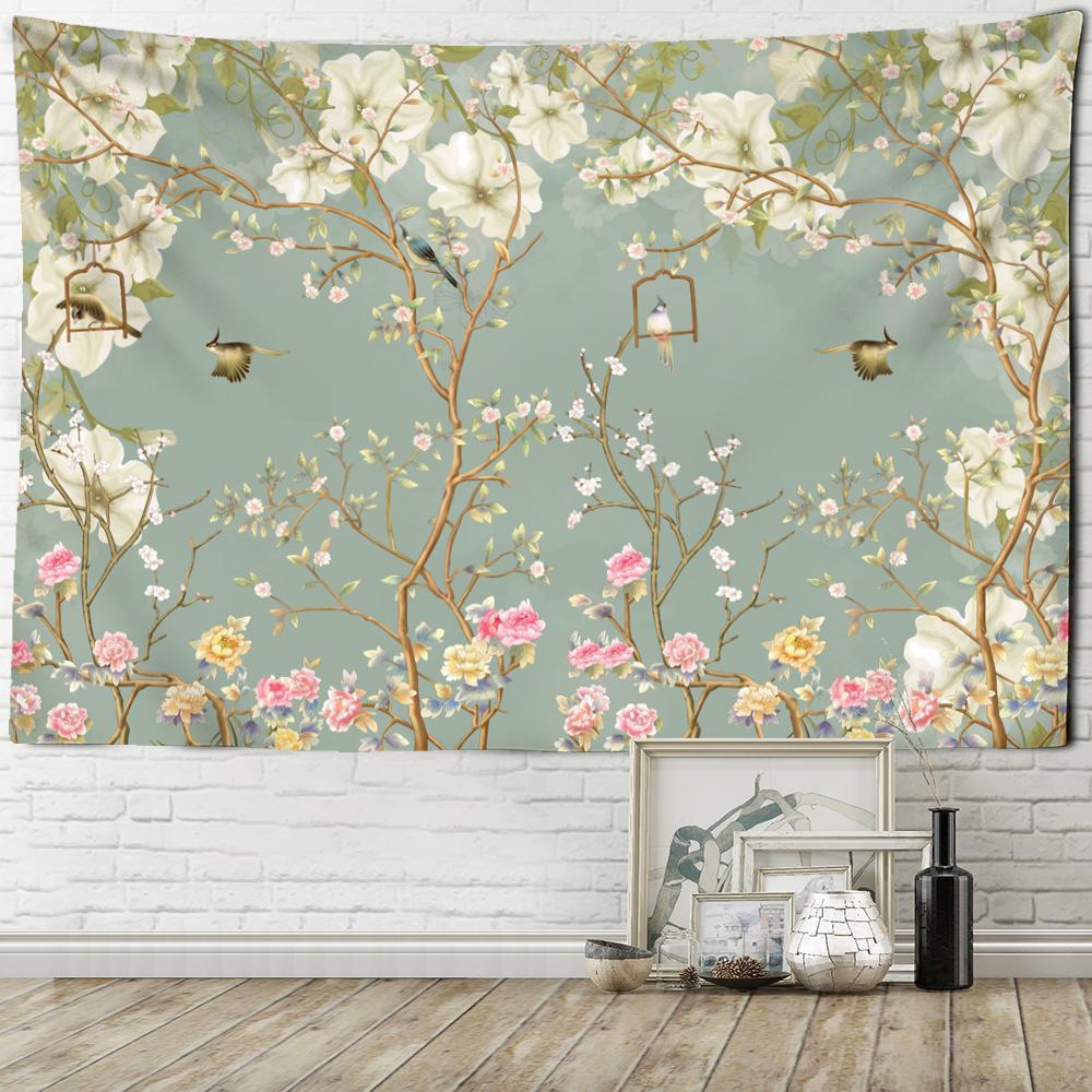 Зеленый цветок и птица живопись винтажный гобелен настенный бохо искусство хиппи тапиз — фото 6