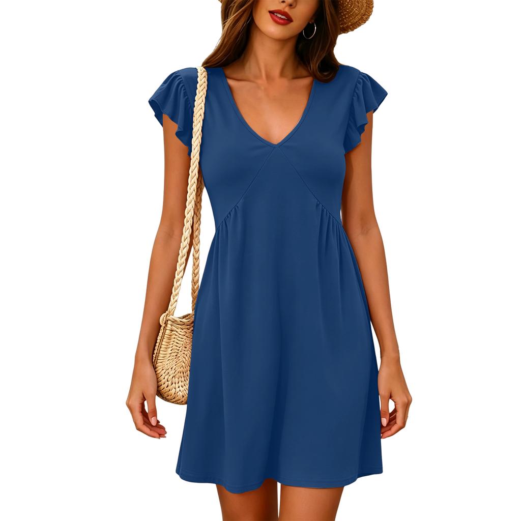Dames Casual Strandjurk V-hals Ruchemouwen Gekreukelde Taille Zomer Losse Pasvorm Minijurk