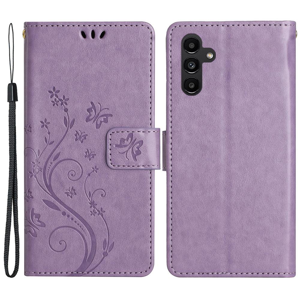 

For Samsung Galaxy S23 FE Imprinted Butterflies Mobile Phone Case PU Leather Wallet Cover Stand with Strap Light Purple
