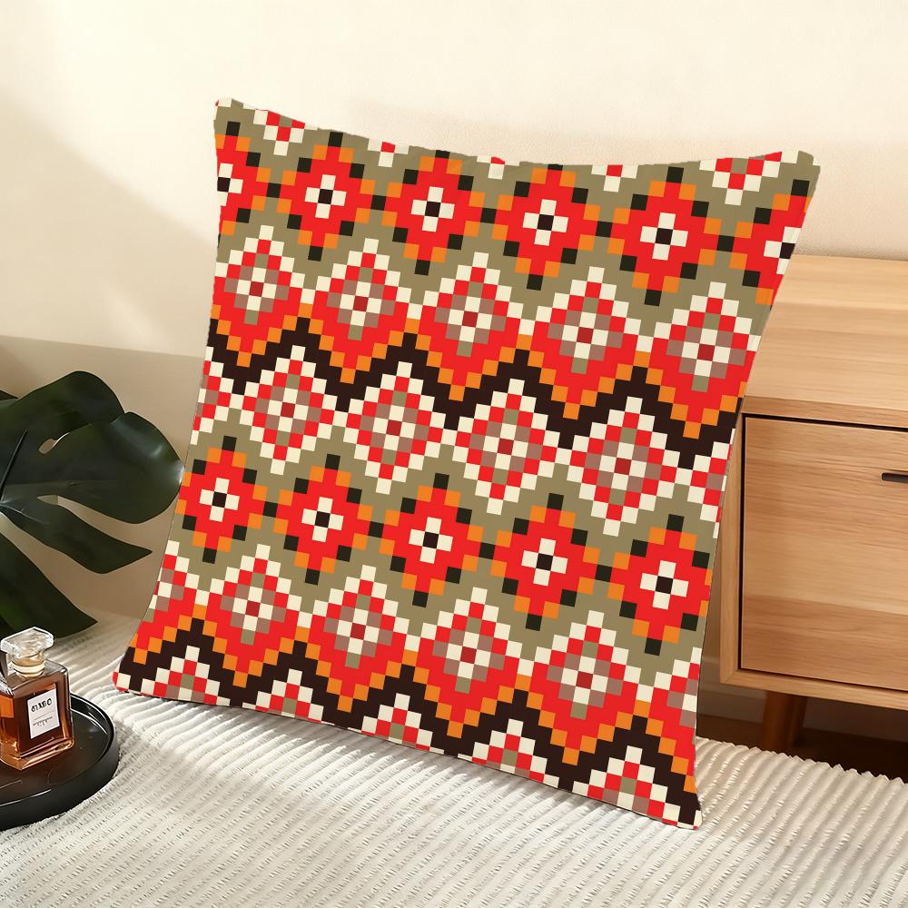 Red Tribal Aztec Kilim Pattern Cushion Cover Soft Short Plush Pillow Cover Smooth Cozy Texture Aesthetic Cushion Case Home Decor